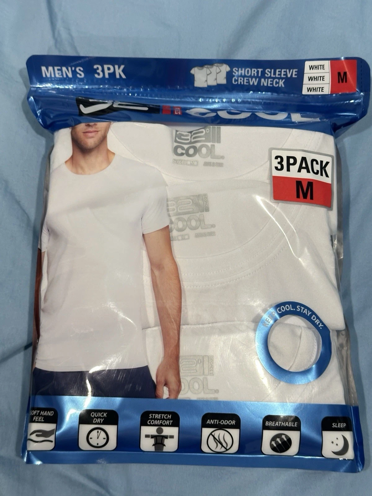 Size Medium 3 PACK 32 Degrees Cool T-Shirt Quick Dry WHITE Crew Neck