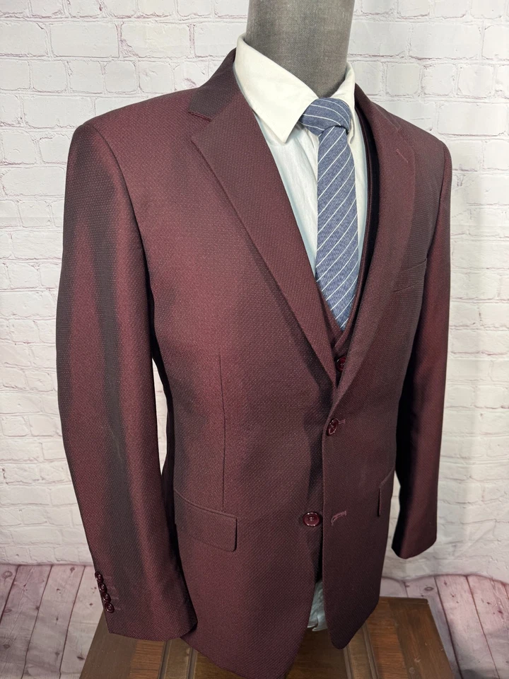 VINCI Hombres Rojo Granate ATHLETIC FIT 3 piezas CHALECO Traje 42R Chaqueta 34x30 Pantalón Foto 4 de 4