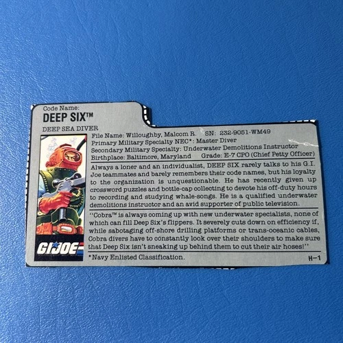 Vintage 1989 GI Joe DEEP SIX File Card Hasbro ORIGINAL Deep 6 Diver Filecard