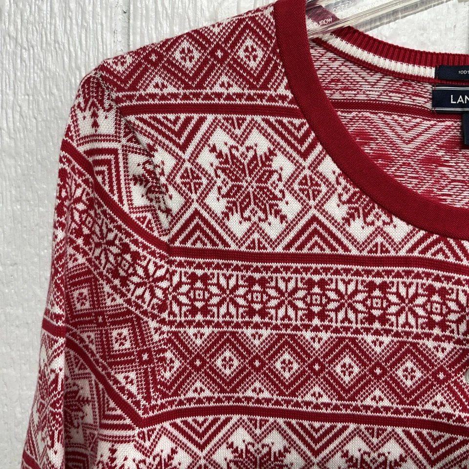 Suéter Lands' End Niñas Grande 14-16 Rojo Blanco Fair Isle Supima Algodón Cárdigan Foto 3 de 4