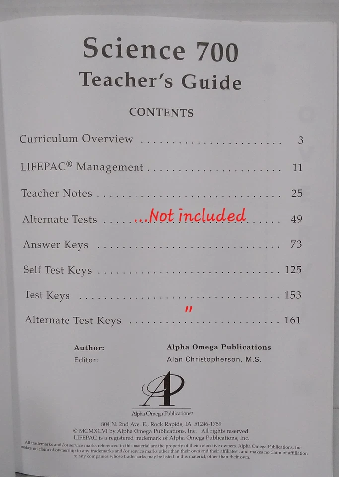 Lifepac AOP Science Grade 7 Teacher's Guide- No Alternative Tests  - Image 3 of 3