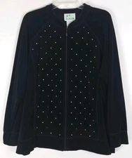 The Quacker Factory Velour Velvet Full Zip Jacket Womens 1X Black Rhinestones 