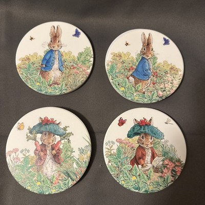 Peter Rabbit 4  Coaster Set 4- Bunny Ceramic Stone Beatrix Potter Cork Back NEW