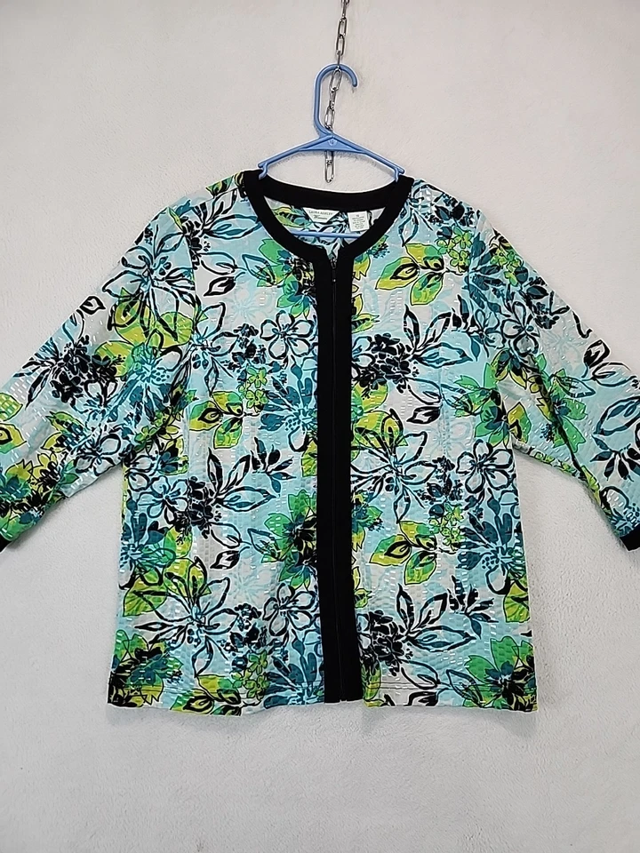 Laura Ashley Womens Jacket 1X Plus Blue Full Zip Floral Long Sleeve Artsy Sequin - Image 2 of 4
