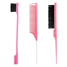 Pink Hair Styling 3-Piece Brush Set with Slick Back, Edge Control & Rat Tail Tea