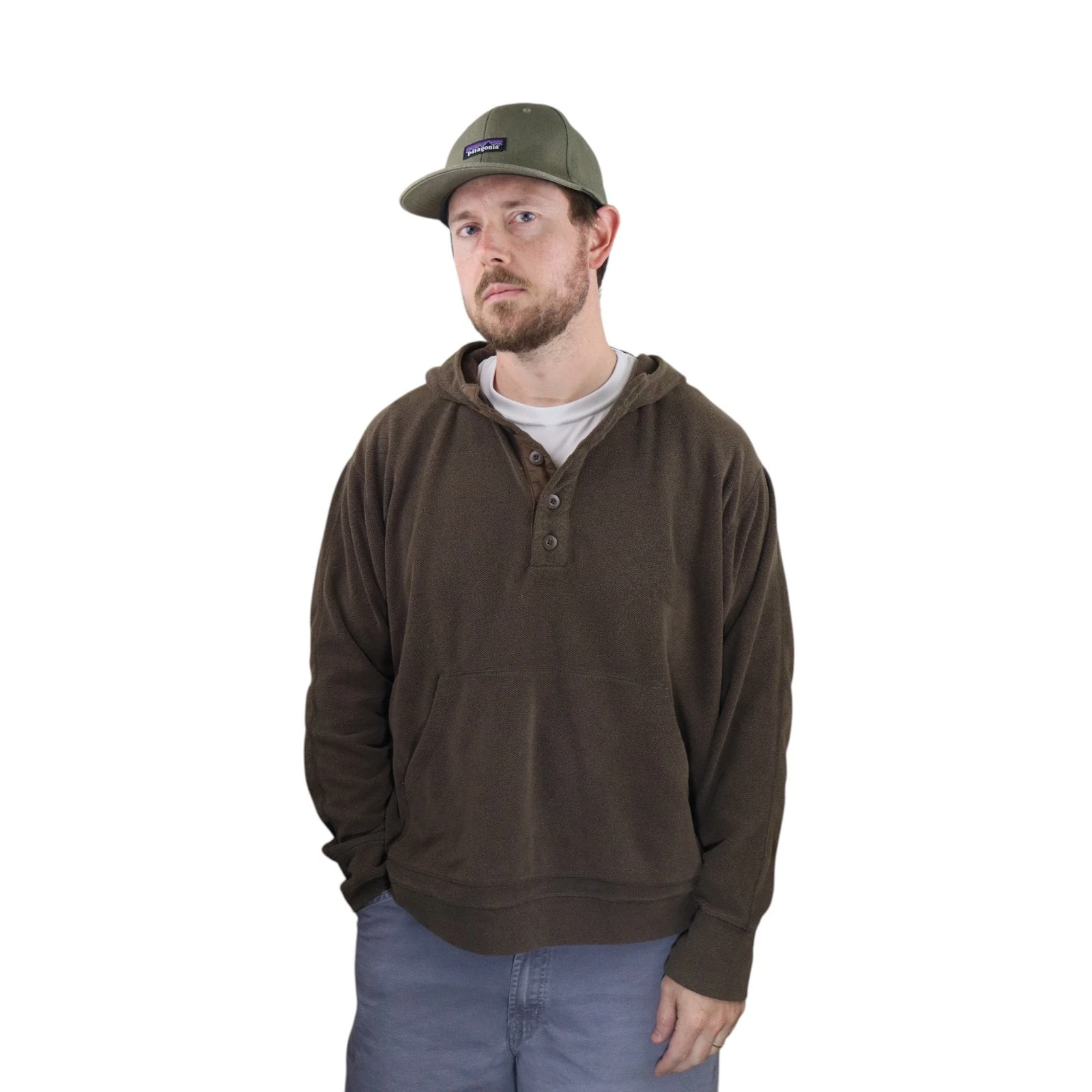 Vtg Patagonia Eddy Fleece Hoody Pullover Jacket Mens Large Brown Baggy Henley