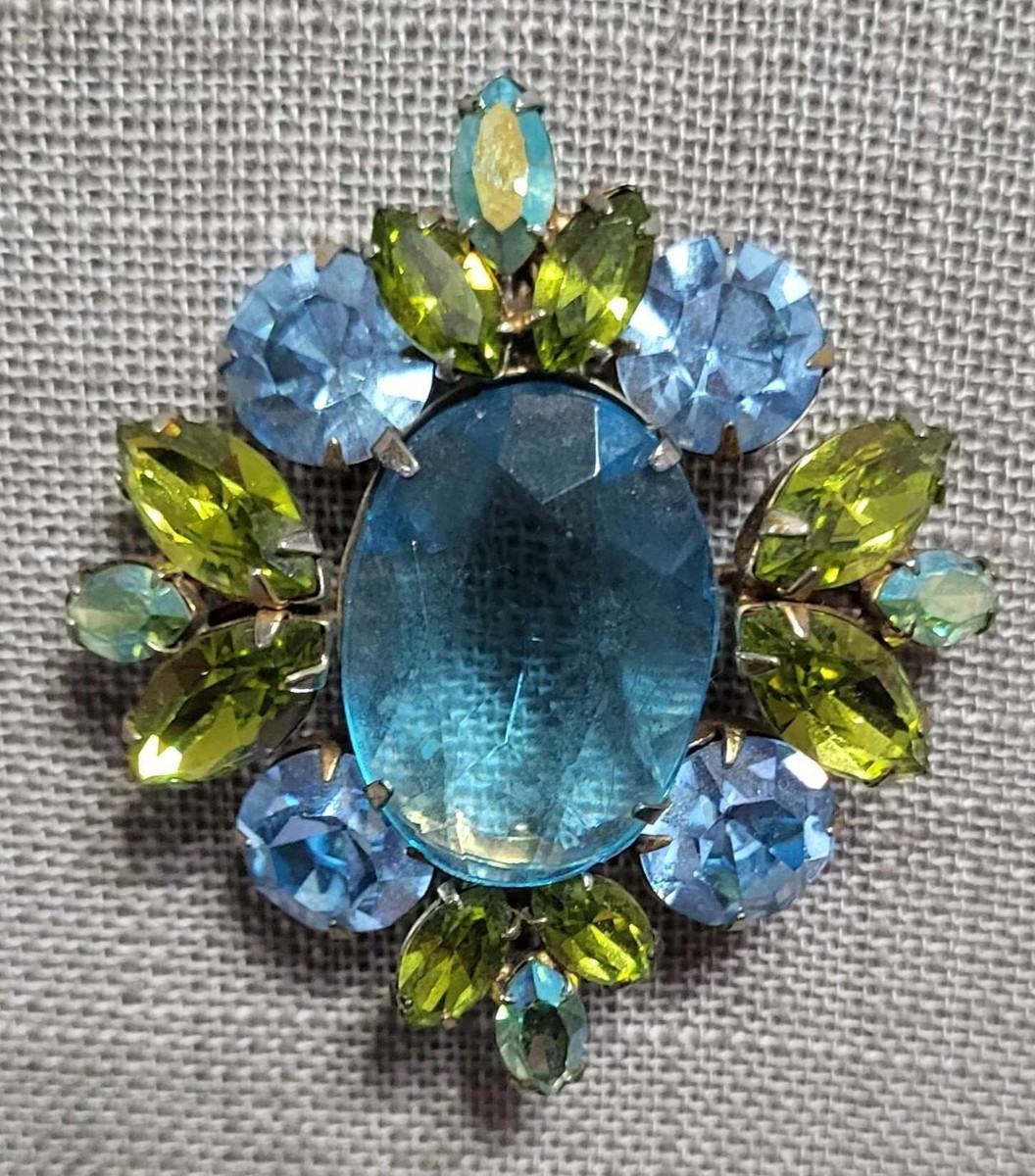 Vintage Regency Blue & Green AB Rhinestone & Iridescent Pendant 