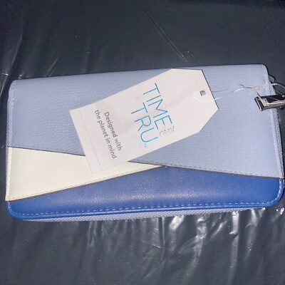 Time & tru Women s Alex Wallet Blue Colorblock Zip Around Clutch 8X4inches