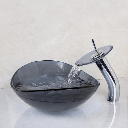 Oval Tempered Glass Vessel Wash Sink Basin Bowl Mixer Waterfall Faucet Brass Tap - Picture 5 of 6