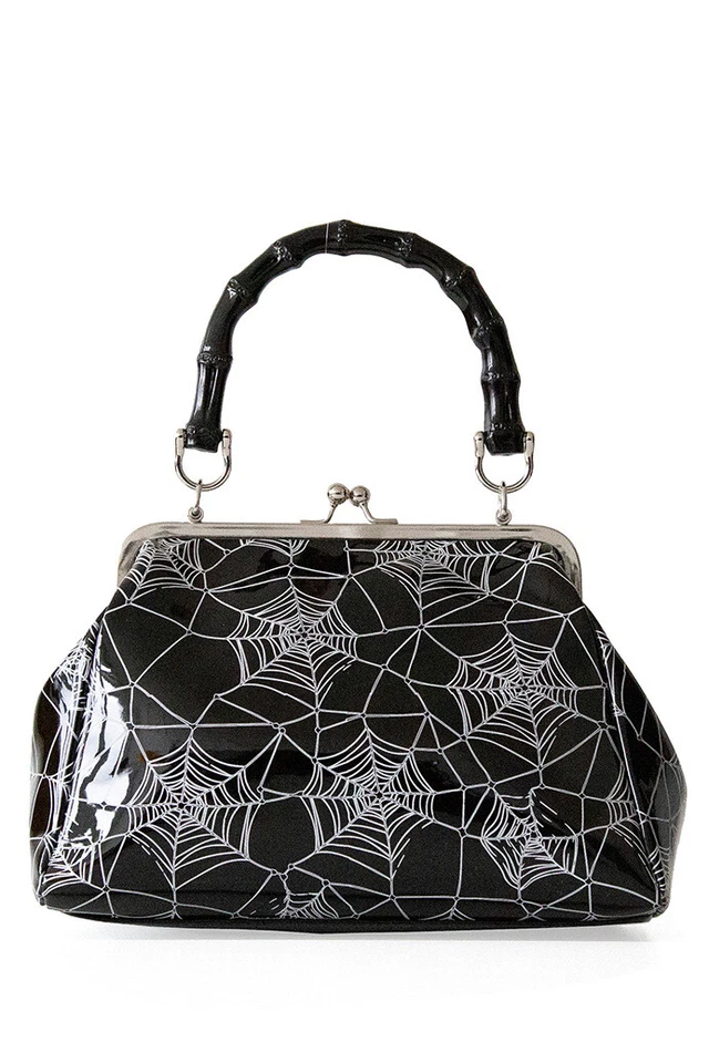 Black Retro Glitter Printed Web Spider Brooch Killian Handbag Bag BANNED Apparel - Image 3 of 3