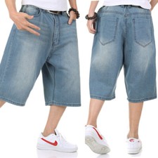 Big Tall Men Short Jeans Denim Shorts Relaxed Fit Wide Leg Plain Blue Light Wash