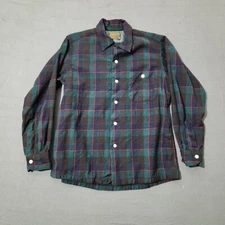 Vintage Pendelton Mens Button Shirt Size Medium Plaid Virgin Wool Loop Collar