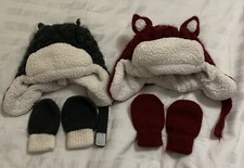 Lot Of 2 Infant Winter Hats And Mittens Gray Red Bear Fox