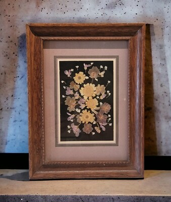 Vtg Pressed Flower Art Collage Wooden Frame Excellent 8x6.5'' Horizontal Vertical