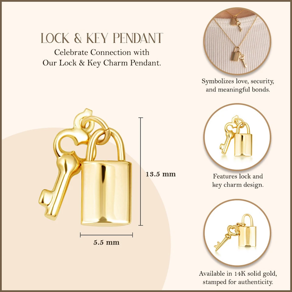 14K Yellow Gold Lock & Key Charm Pendant Necklace (Available in Small/Large) - Image 3 of 4