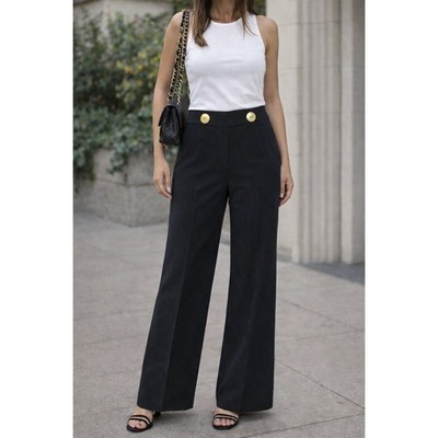 Zara Woman Black High Waisted Wide Leg Dress Pants Gold Button Detail NWT
