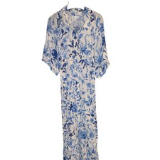 H&M Women’s White/Blue Floral Shirt Dress Collared Button Front Long XL