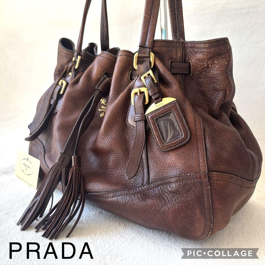 Prada all-leather tassel shoulder bag with gold hardware A4 size PC7J73