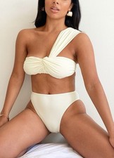 PrettyLittleThing Cream One Shoulder Bikini Set Small US 4 NWT High Waist