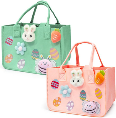 2PCS Happy Easter Egg Hunt Bunny Gift Treat Bags with Handles, Felt Easter Bags