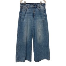 American Eagle Super High-Rise Ultra Wide Leg Jeans Blue Distressed 8 Short