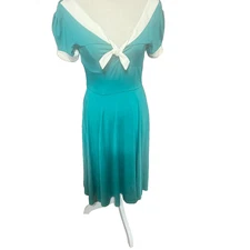 Unique Vintage Fit & Flare Dress Women Sz S Green V-Neck Retro Bow Rockabilly