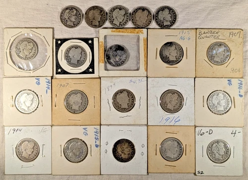 LOT OF 20 BARBER QUARTERS 90% SILVER COINS $5 FACE VALUE #59