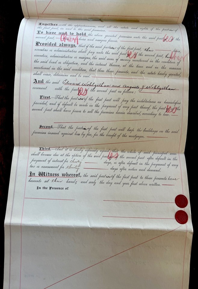 1899 Brooklyn NY Mortgage Indenture w/ Red Wax Seals & Handwritten Deed ...