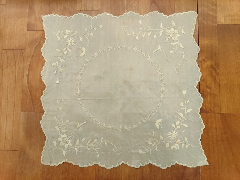 one vintage silk with embroidery 10x10 in. Ivory