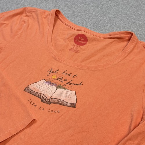 Life Is Good Long Sleeve T-Shirt Womens Large Orange Scoop Neck 100% Cotton