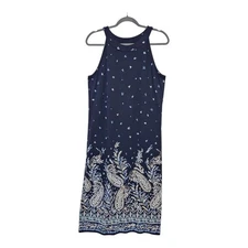 J Jill Maxi Shift Tank Dress Size M Petite Navy Floral Paisley Stretch