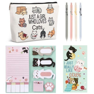 6 Pcs Cute Cat Stationery Set Pens Sticky Notes Makeup Bag Pencil Pouch for G...