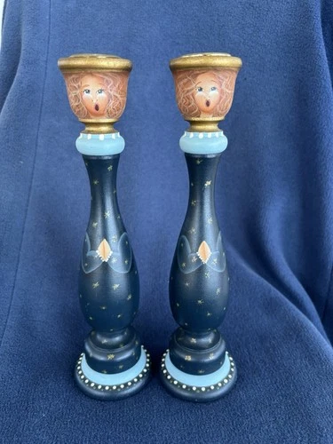 2 Wooden Angel Hand Painted Christmas Candle Stick Holders