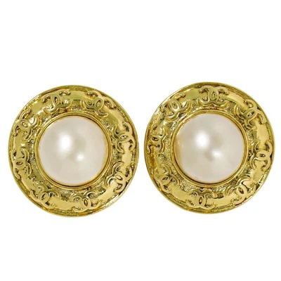 Boucles d'oreilles rondes clips plaqué or fausse perle CHANEL CC - Photo 1/4