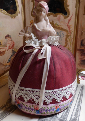 Vintage Porcelain Half Doll Pincushion #4345 Germany Lady W Fan rare Flesh Tint