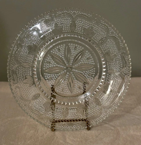 VTG Federal Glass Heritage Clear Luncheon Plate, Beaded Floral 9 1/4”