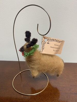 Primitive Antique Christmas Handcrafted Handmade Spun Wool Reindeer Ornament