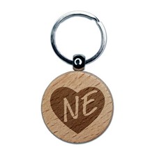 NE Nebraska State in Heart Engraved Wood Round Keychain Tag Charm