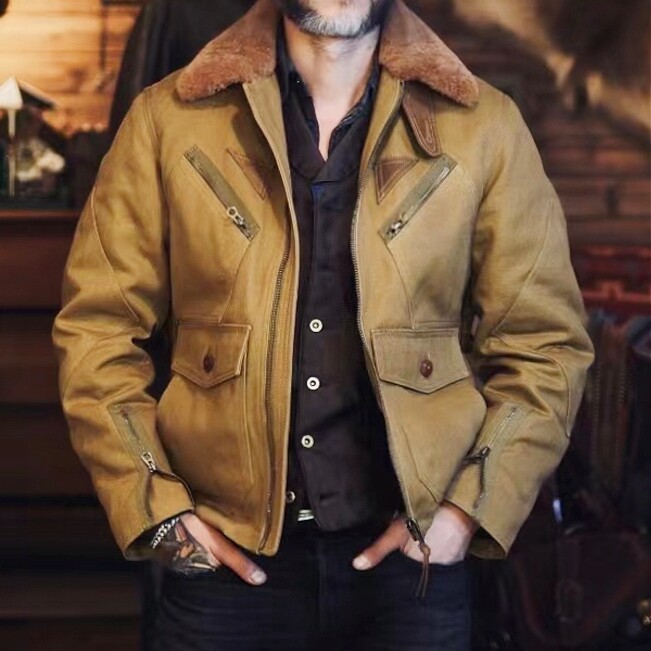 Mens American Vintage Military Style Jacket Waxed Canvas Warm Wool
