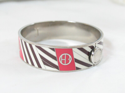 Henri Bendel Silver Tone Dark Purple White Pink Cuff Bangle Enam