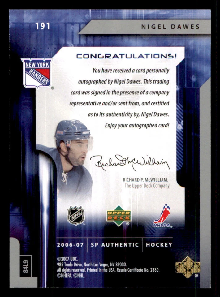 2006-07 SP Authentic #191 Nigel Dawes AU RC /999 (ref 240138) - Image 2 of 2