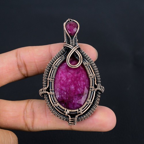 Simulated Ruby Gemstone Copper Wire Wrapped Gift For Pendant Jewelry LC-233 - Picture 3 of 5