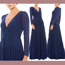 NEW $398 IEENA for Mac Duggal [ 4 ] Long Sleeve Chiffon A-Line Gown Blue #Q533