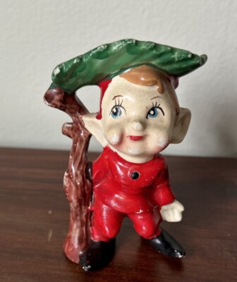 Vintage Ceramic Red Pixie Elf Figurine Under Leaf  MCM 1950 s Christmas