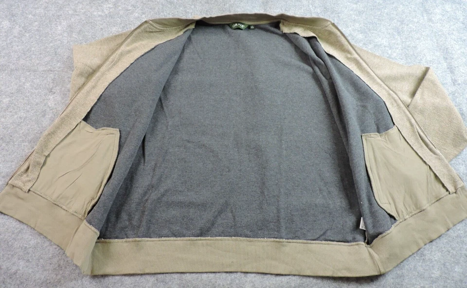Sudadera Orvis Para Hombres XL Cremallera Completa Taupe Ribete Calentador de Manos Bolsillos Foto 2 de 4