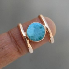 Natural Round Cab Dominican Larimar 925 Sterling Silver Rose Gold Fill Ring