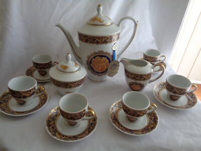 T. Limoges France DEPOS Blue Ribbon Coffee Service With Demitasse Cups & Saucer 