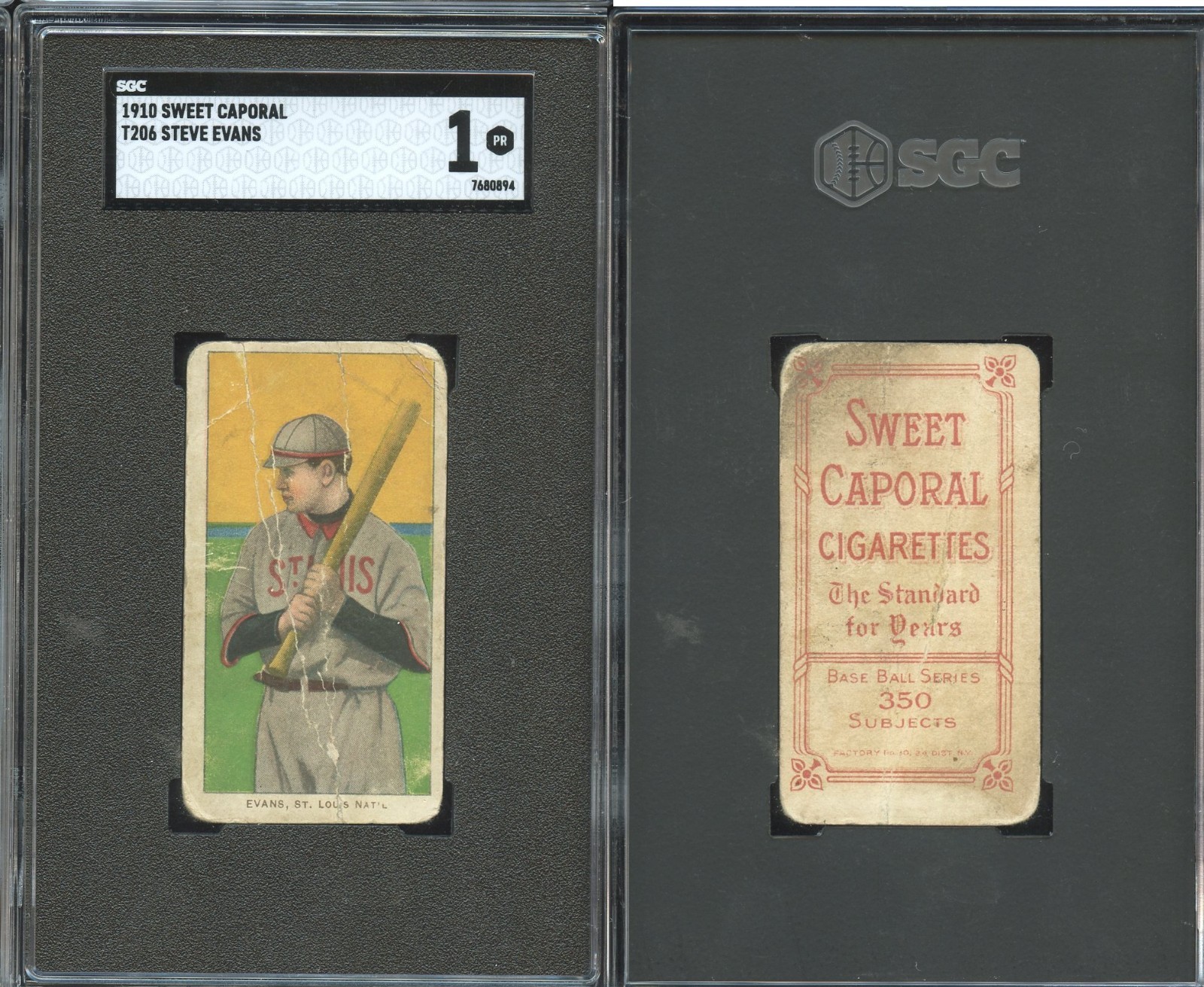 T206 Steve Evans St. Louis Cardinals ~~ SGC 1 ~~ Sweet Caporal 350/30 back