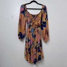 Angie Floral Print Mini Dress Cutout Smocked Sweetheart Long Sleeve M Medium