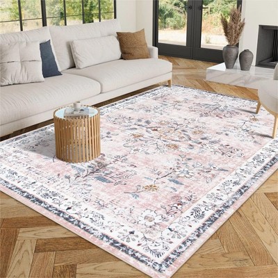 Machine Washable 5x7 Rug, Pink Rugs for Bedroom Girls, Soft Boho Floral Nurse...